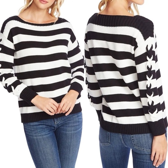 Cece Black Striped Long Sleeve Boat Neck Sweater - Picture 1 of 7